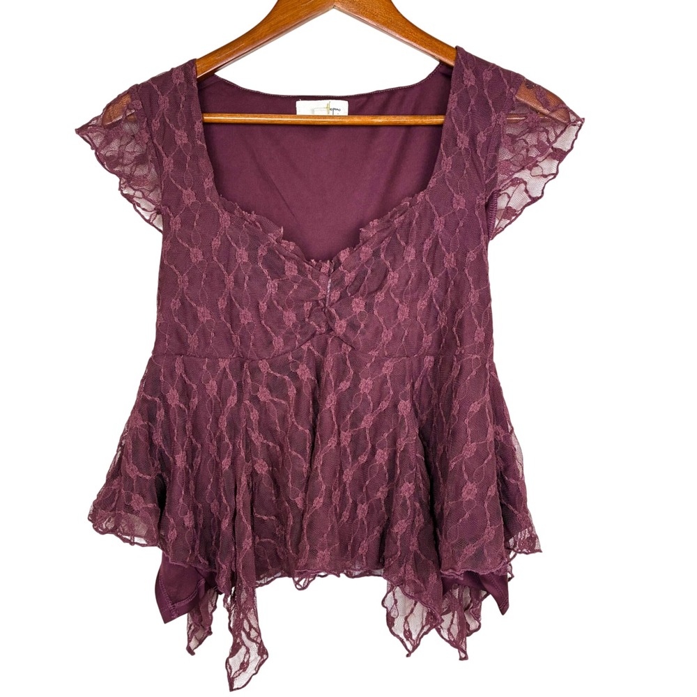 Y2K 90s Top M Lace Handkerchief Hem Whimsigoth Babydoll Fairy Grunge Stretchy
